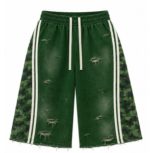 <b>Men's</b> Green Ripped <b>Camo</b> <b>Shorts</b> Streetwear Jorts Side Stripe Drawstring Elastic Waist Bermuda - Product Image 1