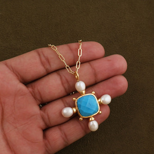 Blue Turquoise Adjustable Chain Pendant <b>Necklace</b> - Gold Plated Multi Fresh Water Pearl Gemstone <b>Statement</b> Jewelry - Product Image 4