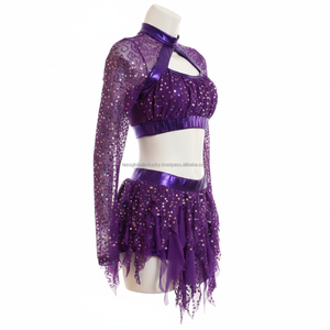Traje de Baile de Dos Piezas para Mujer, Personalizado, con Lentejuelas Moradas y Malla de Encaje, Estilo Majorette, OEM, Elástico, de Alta Calidad - Product Image 6