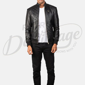 Men Black Genuine <b>Leather</b> Bomber <b>Jacket</b> with Diamond Quilted Front Panels Standing Collar and Ribbed Trim Slim Fit Coat - Product Image 3