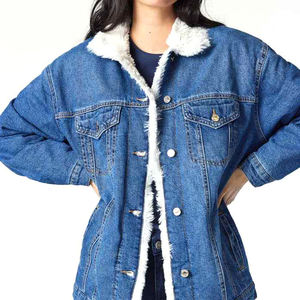 Veste en jean vintage pour femme avec doublure en fausse fourrure, coupe ample, boutonnée, style décontracté, couleur unie, effet délavé et vieilli, idéale pour l'automne - Product Image 1