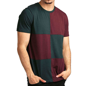 Men's Color Blocked <b>Patchwork</b> T-<b>Shirt</b> Short Sleeve O-Neck Regular Fit Casual Knitted Design Teal And Burgundy - Product Image 1