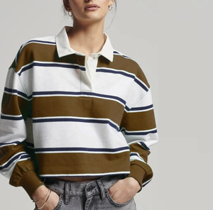 Camiseta Polo de algodón a la moda para mujer, vestido de longitud corta con mangas largas a rayas informales listo para usar - Product Image 3