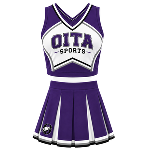 Ensemble d'uniforme de cheerleading violet foncé et blanc : Crop top sans manches à col en V et jupe plissée pour performance et entraînement d'équipe athlétique - Product Image 1