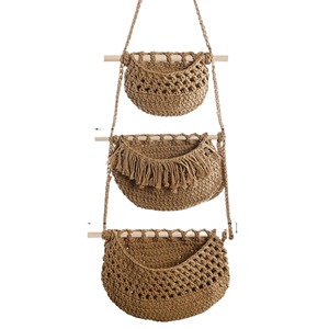 Macrame Hanging Storage <b>Basket</b> Set Of 3 With Wooden Rod Ideal For Home Wall Organizer Living Room Bedroom And Boho Decor - Product Image 1