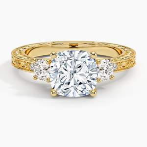 Elegant 14K Yellow Gold Antique Scroll Engraved Three Stone <b>Diamond</b> <b>Ring</b> Featuring Premium Craftsmanship - Product Image 1