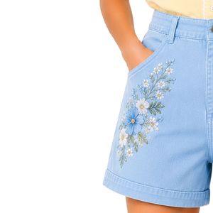 Shorts de Mezclilla Personalizados para Mujer, Bordados con Flores Azul Cielo, Cintura Alta, Casuales, de Verano, de Algodón Elástico, con Logotipo Personalizado - Product Image 3