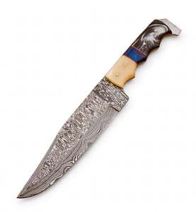 Couteau utilitaire d'extérieur artisanal en acier Damas avec manche en composite os et résine marbrée - Product Image 2