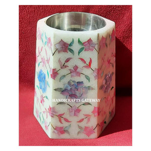 Quemador de Incienso de Mármol Blanco con Diseño Floral Hecho a Mano, Incrustaciones de Nácar Azul, Forma Hexagonal, Ideal para Regalos Empresariales - Product Image 2