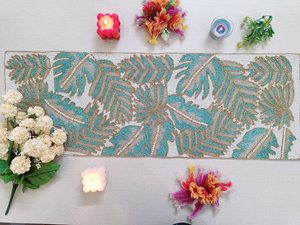 Handmade Oriental Fabric <b>Table</b> <b>Runner</b> Irregular Shape <b>Teal</b> Floral Design Luxury Style Ali Fashion Art AFA01 Eco-Friendly Durable - Product Image 2