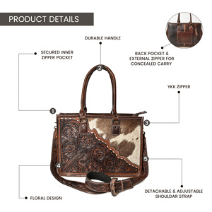 Western Cowhide <b>Leather</b> Tote Bag with Floral <b>Tooled</b> Design Adjustable Shoulder Strap for Women - Product Image 3