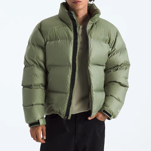 Green Puffer <b>Jacket</b> Stand Collar <b>Down</b> <b>Filled</b> Winter Coat Casual Loose Fit Short Length Windproof Zipper Closure Unisex - Product Image 1