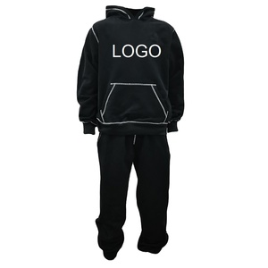 Joggers Men's Solid Black Panel Work Contrast Five Thread Stitch Applique <b>Embroidery</b> Letters Casual Pullover Tracksuit <b>Sets</b> - Product Image 1