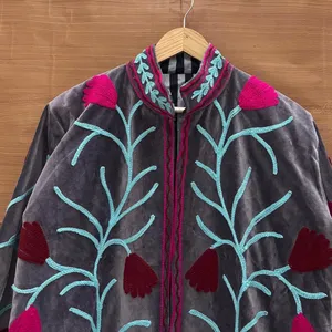 Luxury Gray <b>Velvet</b> Embroidered Suzani <b>Jacket</b> with Floral Print Full Sleeve Stand Collar Handmade Bohemian Autumn Coat - Product Image 2