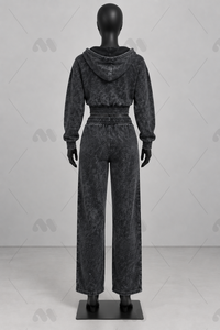 Women’s Acid Wash Tracksuit Set <b>Cropped</b> Zip Up Hoodie Wide Leg <b>Pants</b> Vintage Streetwear Two Piece Set OEM Manufacturer - Product Image 3