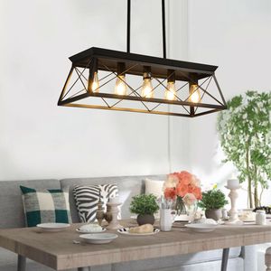 Lampadario a sospensione moderno da 32 pollici con gabbia in metallo, 5 luci, nero, stile industriale, regolabile per sala da pranzo e cucina - Product Image 5