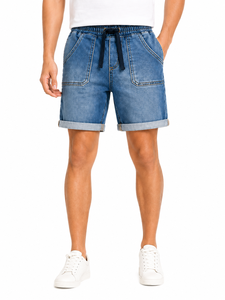 Mens Blue Denim Shorts <b>Elastic</b> Waist Drawstring Casual Summer Short <b>Folded</b> Hem Relaxed Fit Lightweight Comfortable Everyday Wear - Product Image 5