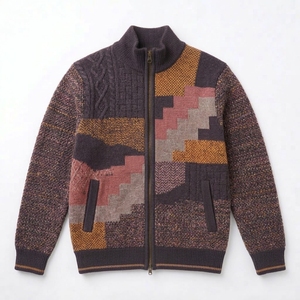 Suéter Holgado con Combinación de Colores, Cárdigan Versátil de Punto, Estilo Chic Jacquard, Suéter Retro con Cremallera para Mujer - Product Image 1