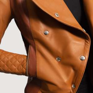 Chaqueta de Cuero de Piel de Oveja Genuina de la Mejor Calidad, Diseño en Bloques de Color Bronceado, Abrigo de Invierno para Mujer, Transpirable, Hecho con Cuero de Alta Calidad - Product Image 5
