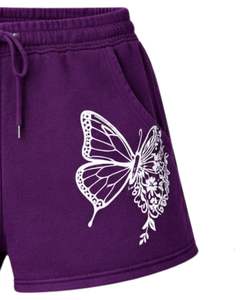 Shorts en molleton de coton violet pour femme, personnalisés par le fabricant, avec imprimé papillon blanc, décontractés, pour l'été, la détente, la gym, le streetwear, la mode - Product Image 4