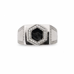 925 Sterling Silver Black <b>Onyx</b> and Cubic Zirconia Hexagon <b>Signet</b> <b>Ring</b> for <b>Men</b> Wedding Party High Polish Finish - Product Image 2
