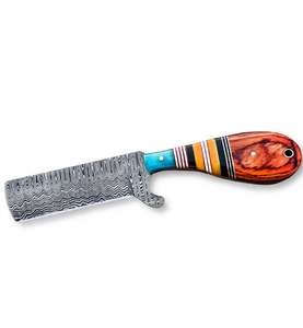 Couteau de cuisine miniature artisanal en acier Damas avec manche en bois et résine multicolore, étui inclus - Product Image 3