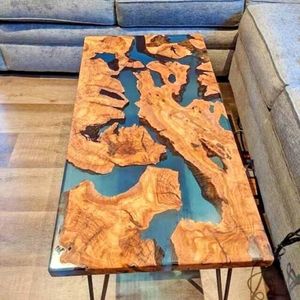 Table à manger rectangulaire en bois massif époxy avec bord naturel - Design moderne durable fait main pour atelier/hôpital - OEM/ODM disponible - Product Image 1