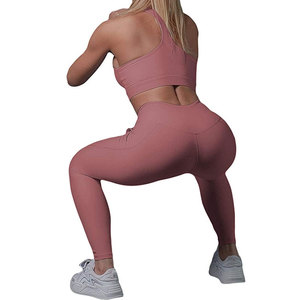 Women's Seamless High Waist Yoga Set Solid Pink Racerback Sports Bra Full Length Leggings With Pockets 2 Piece - Product Image 3