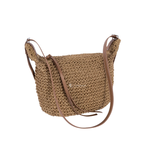 Bolso de Mano Vintage Ecológico de Paja Tejida, Bolso de Hombro Estilo Hobo con Correa de Cuero Ajustable, Detalle de Cadena con Logotipo, Chic Bohemio - Product Image 1