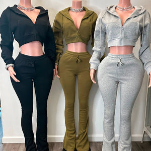 Combinaisons de sport pour femmes en deux pièces, de haute qualité, personnalisées par le fabricant, pour l'hiver, pour la salle de sport, la musculation, avec fermeture éclair, en molleton 100% coton, poids lourd, OEM - Product Image 2