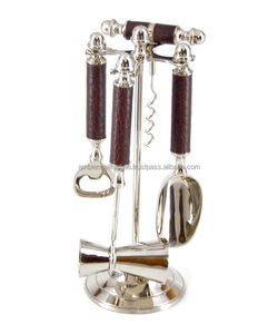 Factory Direct Stainless Steel Bar Tools Set with Brown Leather Handles Polished <b>Metal</b> for Hotel Ambience Lifestyle - Product Image 1