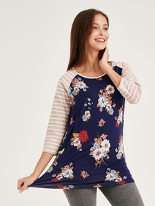 Haut d'allaitement Bmama à manches 3/4, motif floral, accès latéral dissimulé, en mélange de coton, vêtements de maternité, vente en gros - Product Image 5