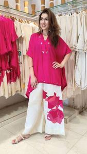 Ensemble coordonné numérique rose pour femme, kurta en coton et pantalon palazzo imprimé crème, tenue décontractée ethnique style Inde Pakistan, coupe classique - Product Image 5