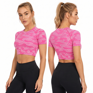 Women's Camouflage Print Short Sleeve Crop <b>Top</b> Crew Neck Fitness Wear Short <b>Top</b> Tee Breathable Knitted Compression Crop Tee - Product Image 4