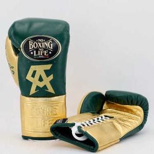 Guantes de Boxeo Profesionales de Alta Calidad en Cuero Genuino, Personalizados en Dorado y Verde, con la Frase 'No Boxing No Life', para Entrenamiento y Combate - Product Image 1