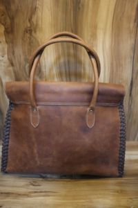 Sac fourre-tout en cuir véritable fait main, côtés tressés, poignées supérieures, fermeture à cadenas, doublure en polyester, style vintage, toutes saisons - Product Image 2