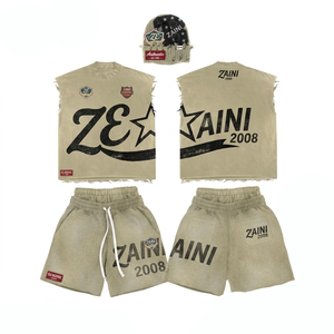Conjunto de Camiseta sin Mangas y Pantalones Cortos de Punto Transpirable, Mezcla de Poliéster/Algodón de 300g, Cuello Redondo, Estilo Vintage para Hombre, con Logotipo Frontal - Product Image 1