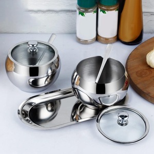 Ensemble de 2 pots à épices en acier inoxydable avec couvercles en verre, cuillères et plateau - Product Image 6
