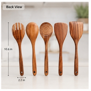 Ensemble de cuillères en bois, 6 pièces, lavage à la main uniquement, cuillères, spatules et fourchettes adaptées aux aliments - Product Image 4