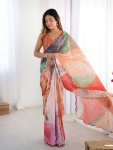 Elegant Digital Printed Chinon Saree With <b>Mirror</b> Work For Women Wedding Wear India Pakistan Style <b>Floor</b> Length Regular Fit - Product Image 3