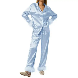 High Quality Customized Women's Sleep Dress Luxury Sleepwear Satin Silk Pajamas Designer Ostrich <b>Feather</b> <b>Cuffs</b> Women Pajamas Set - Product Image 6
