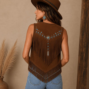 Chaleco Vintage de Cuero Genuino para Mujer con Flecos y Cuentas, Cuello en V, Estilo Bohemio, Relleno de Algodón - Product Image 5
