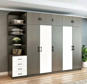 Large modular grey wood grain wardrobe <b>unit</b> with white contrast doors, overhead storage, and open <b>side</b> shelving with drawers. - Product Image 1