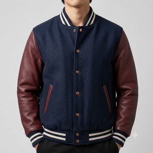 Men's Navy Blue Varsity Jacket With Burgundy Leather Sleeves <b>Button</b> Closure Turn-down Collar Casual Autumn Wear - Product Image 6