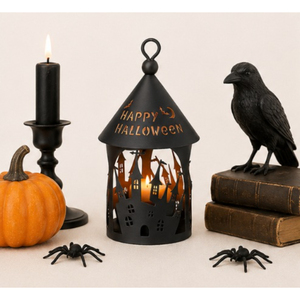 Spooky Black Metal Halloween <b>Lantern</b> Tealight Holder Haunted House Silhouette & Happy Halloween Cut-out Tabletop Ornament - Product Image 2