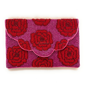 Handmade <b>Red</b> Rose Beaded Zipper Chain Strap Durable Coin <b>Purse</b> Clutch Floral Embroidered Evening Pouch Bridal Party Gift Custom - Product Image 1