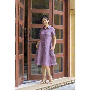Robe chemise élégante en coton et lin pour femme, violette, boutonnée, manches mi-longues, robe de bureau décontractée mi-longue - Product Image 1