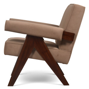 Sillón de terciopelo color topo de estilo moderno de mediados de siglo, con patas en V de madera maciza, sillón Chandigarh, sillón de diseño retro de lujo. - Product Image 2