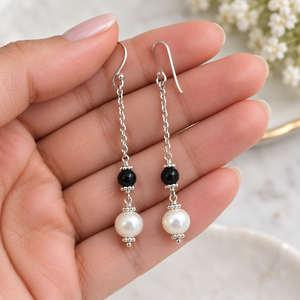 JEWELTECH <b>Black</b> Onyx Freshwater Pearl 8mm Bohemia Style Women's <b>Earrings</b> 925 Sterling Silver <b>Dangle</b> Handmade Engagement Wedding - Product Image 2