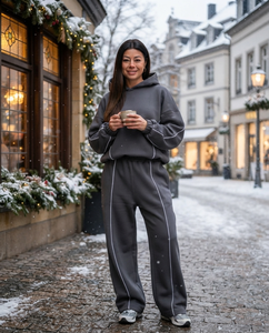 Women's Contrast Line Fleece Tracksuit <b>Set</b> Oversized Pullover Hoodie Wide Leg Jogger Pants Casual Loungewear For Women's - Product Image 1